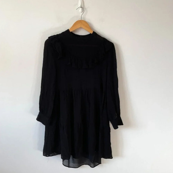 Zara Swiss Dot Ruffled Frill High Neck Long Sleeve Dress Black Sz Small - Picture 4 of 10